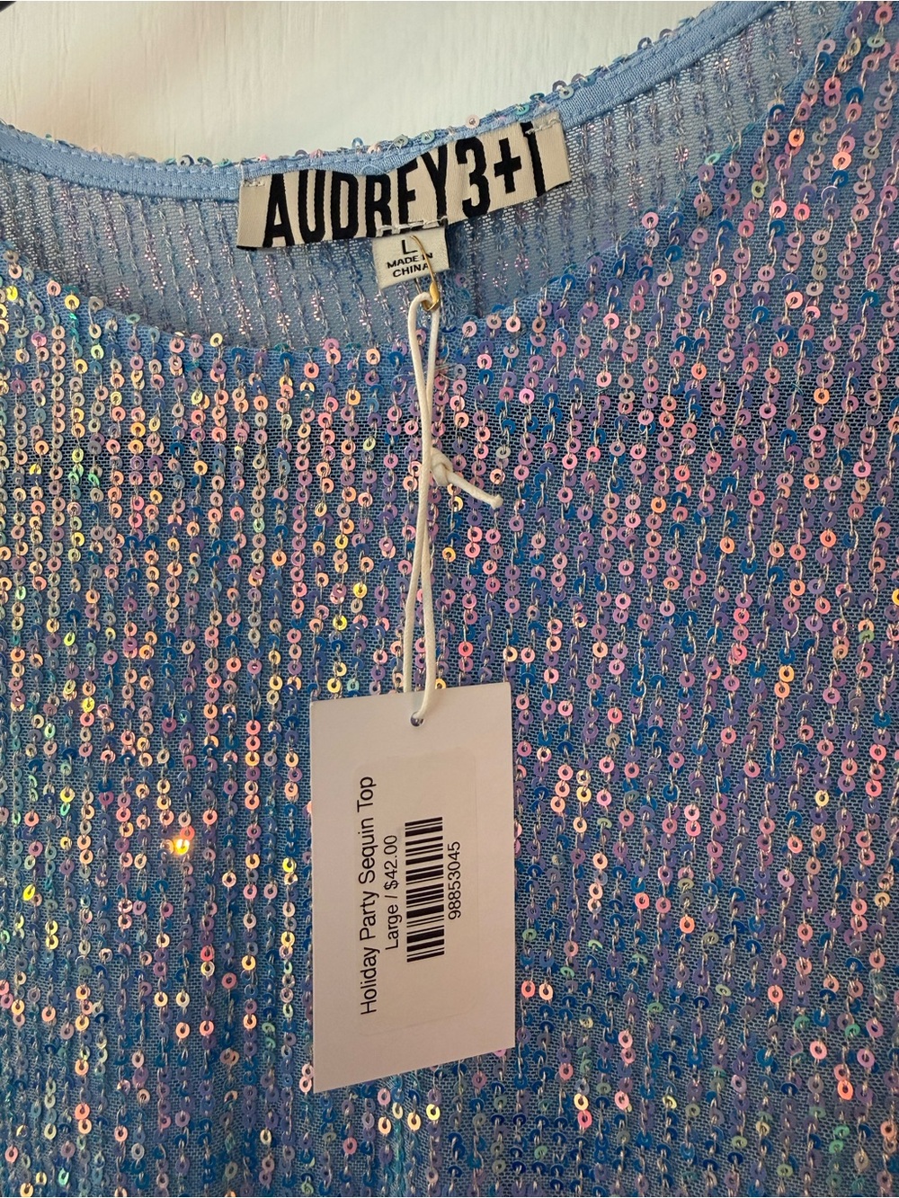 🩵🩷Audrey 3+1 Holiday Party Blue Cotton Candy Sequin Long Sleeve Crop NWT Large - Picture 10 of 13